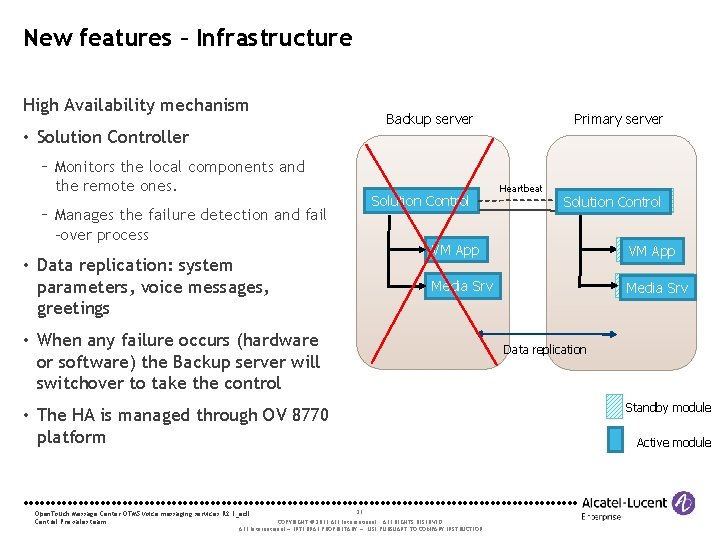 New features – Infrastructure High Availability mechanism • Solution Controller Monitors the local components