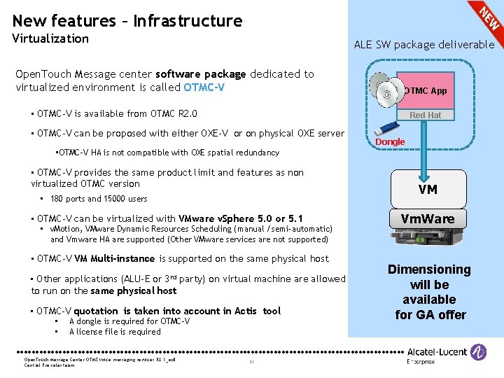 New features – Infrastructure Virtualization ALE SW package deliverable Open. Touch Message center software