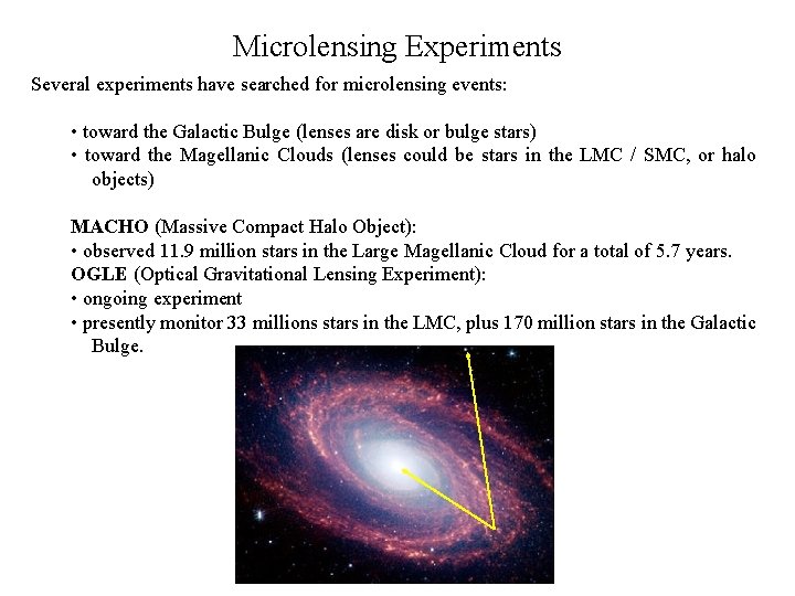 Microlensing Experiments Several experiments have searched for microlensing events: • toward the Galactic Bulge