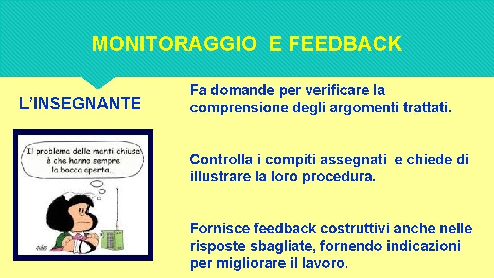 MONITORAGGIO E FEEDBACK L’INSEGNANTE Fa domande per verificare la comprensione degli argomenti trattati. Controlla