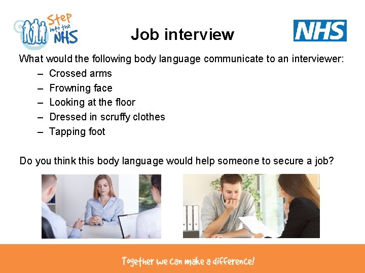 Job interview What would the following body language communicate to an interviewer: – Crossed