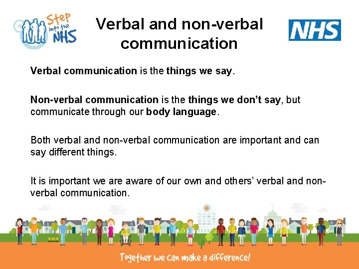 Verbal and non-verbal communication Verbal communication is the things we say. Non-verbal communication is