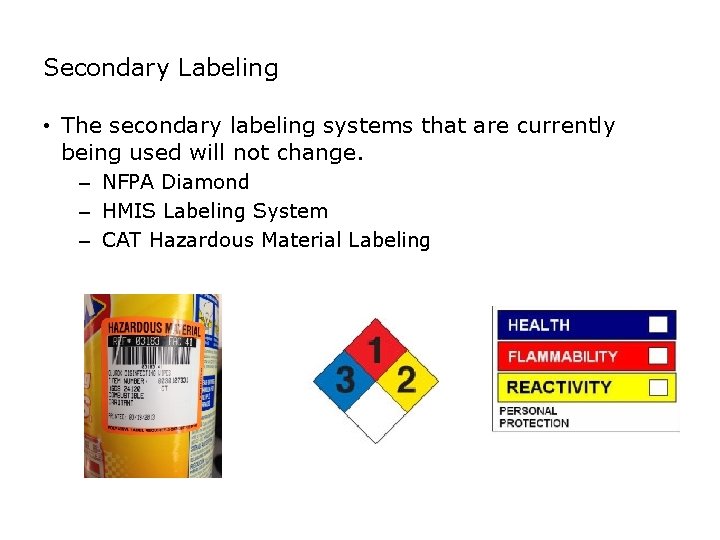 SAFETY Secondary Labeling • The secondary labeling systems that are currently being used will
