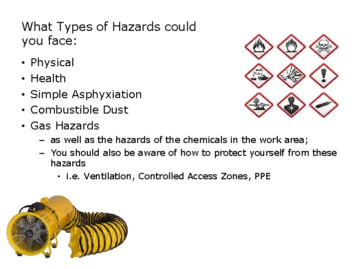 SAFETY What Types of Hazards could you face: • • • Physical Health Simple