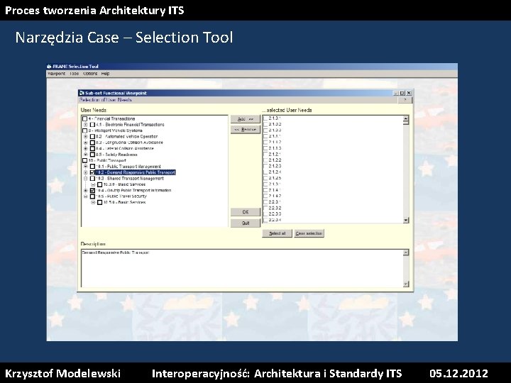 Proces tworzenia Architektury ITS Narzędzia Case – Selection Tool Krzysztof Modelewski Interoperacyjność: Architektura i Proces tworzenia Architektury ITS Narzędzia Case – Selection Tool Krzysztof Modelewski Interoperacyjność: Architektura i
