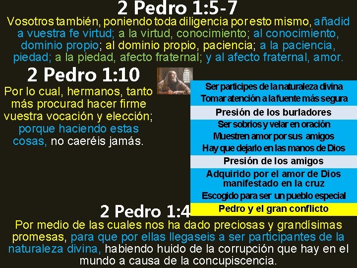 2 Pedro 1: 5 -7 Vosotros también, poniendo toda diligencia por esto mismo, añadid