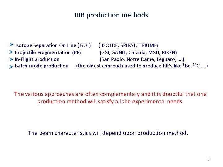 RIB production methods Isotope Separation On Line (ISOL) ( ISOLDE, SPIRAL, TRIUMF) Projectile Fragmentation