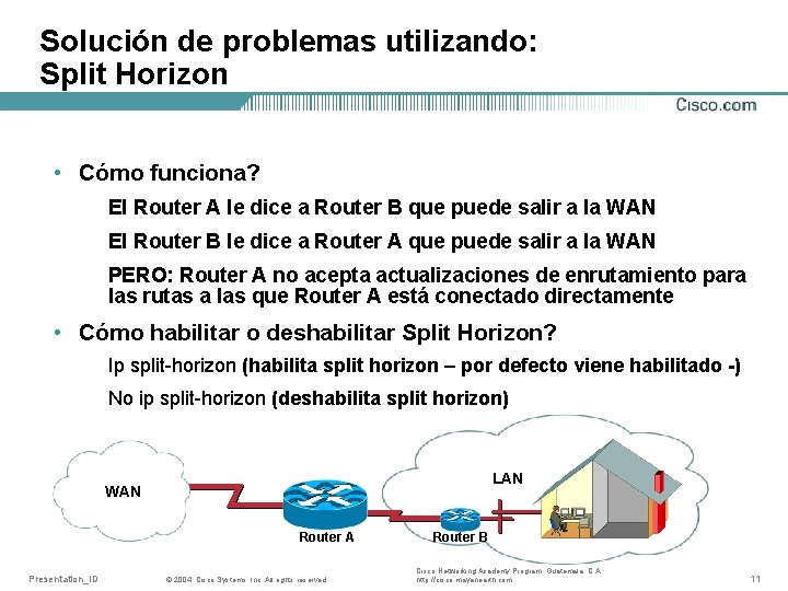 Solución de problemas utilizando: Split Horizon • Cómo funciona? El Router A le dice