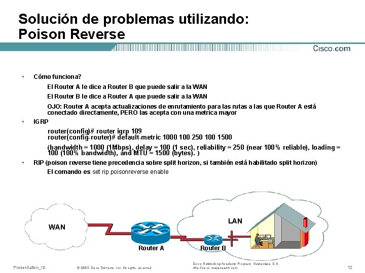 Solución de problemas utilizando: Poison Reverse • Cómo funciona? El Router A le dice