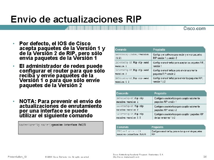 Envio de actualizaciones RIP • Por defecto, el IOS de Cisco acepta paquetes de