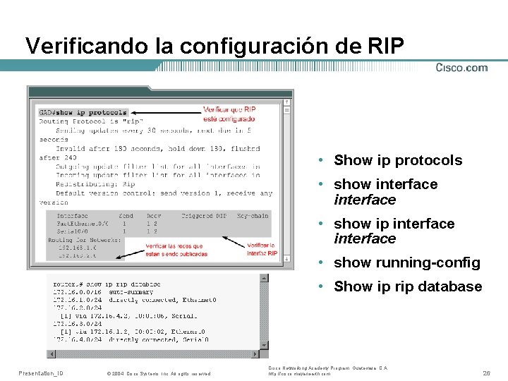 Verificando la configuración de RIP • Show ip protocols • show interface • show