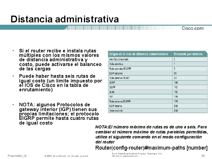 Distancia administrativa • Si el router recibe e instala rutas múltiples con los mismos