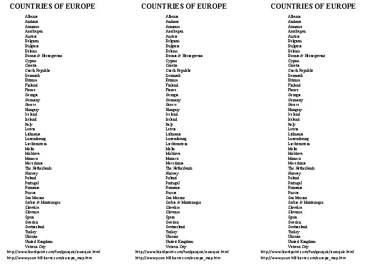 COUNTRIES OF EUROPE Albania Andorra Armenia Azerbaijan Austria Belgium Bulgaria Belarus Bosnia & Herzegovina