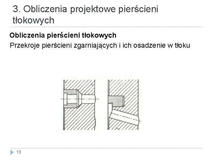 3. Obliczenia projektowe pierścieni tłokowych Obliczenia pierścieni tłokowych Przekroje pierścieni zgarniających i ich osadzenie
