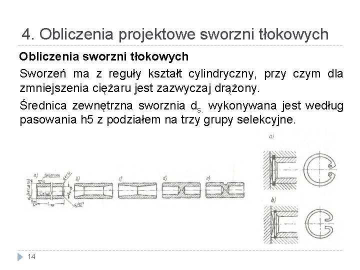 4. Obliczenia projektowe sworzni tłokowych Obliczenia sworzni tłokowych Sworzeń ma z reguły kształt cylindryczny,