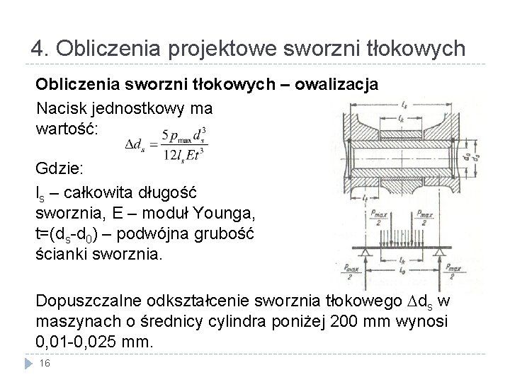 4. Obliczenia projektowe sworzni tłokowych Obliczenia sworzni tłokowych – owalizacja Nacisk jednostkowy ma wartość: