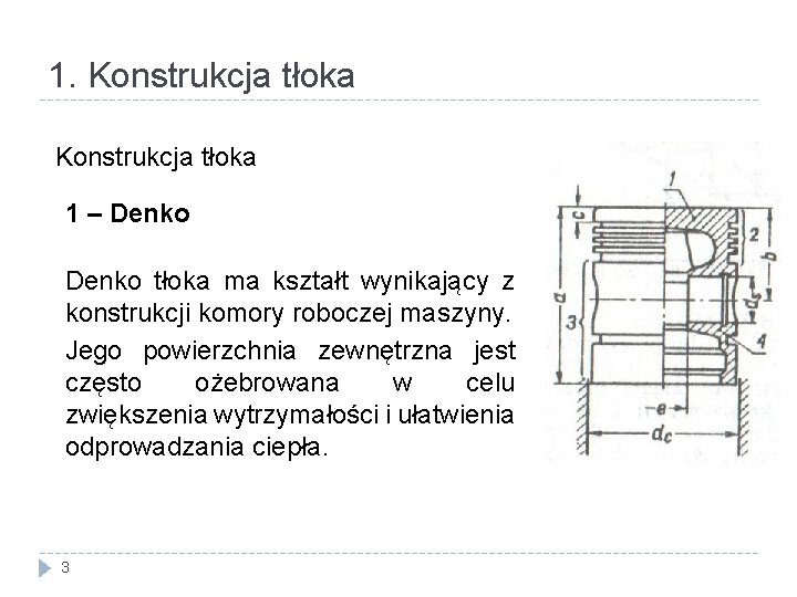 1. Konstrukcja tłoka 1 – Denko tłoka ma kształt wynikający z konstrukcji komory roboczej