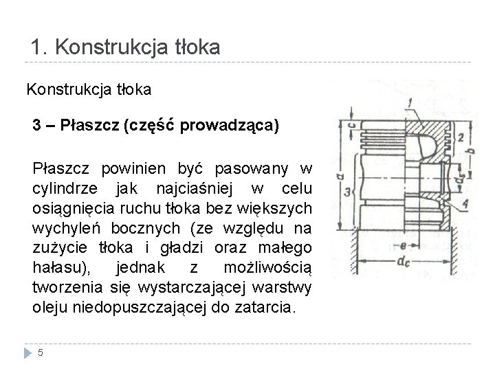 1. Konstrukcja tłoka 3 – Płaszcz (część prowadząca) Płaszcz powinien być pasowany w cylindrze