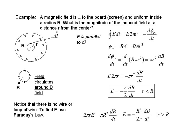 Example: A magnetic field is to the board (screen) and uniform inside a radius