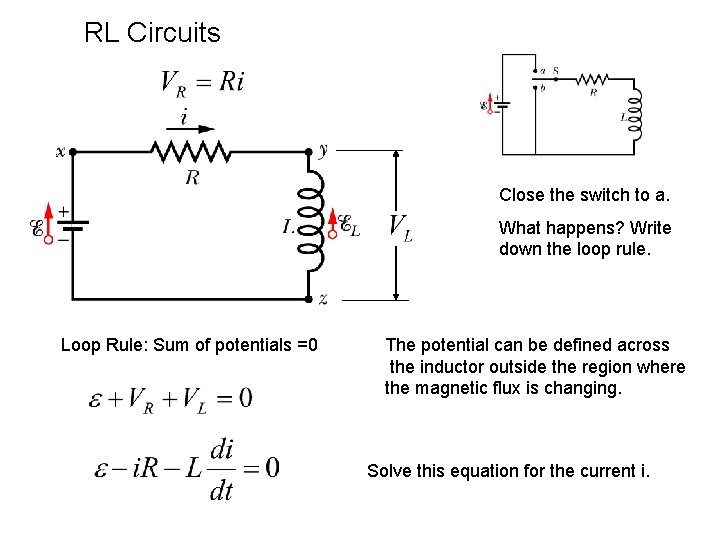 RL Circuits Close the switch to a. What happens? Write down the loop rule.