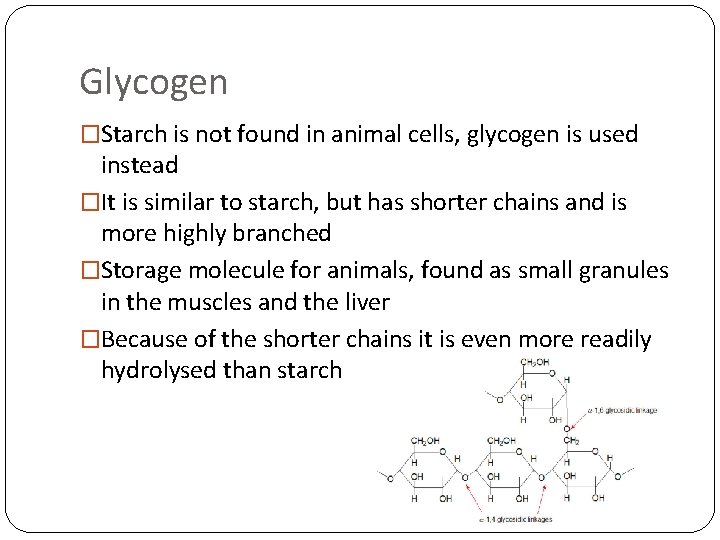 Glycogen �Starch is not found in animal cells, glycogen is used instead �It is