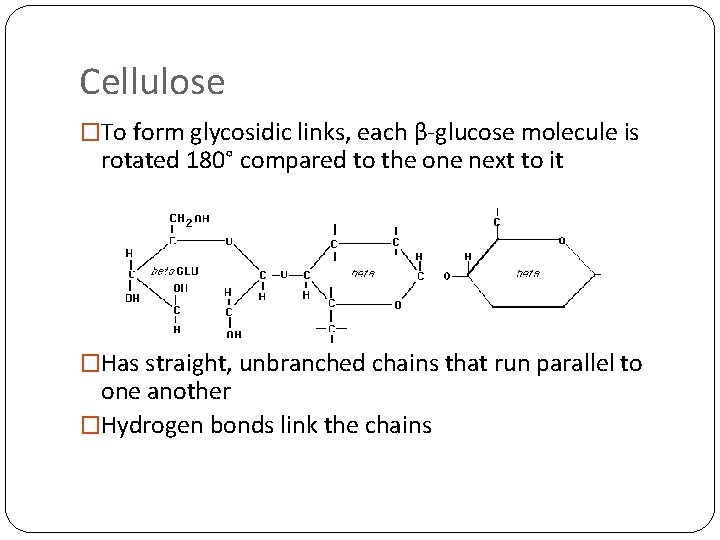 Cellulose �To form glycosidic links, each β-glucose molecule is rotated 180° compared to the