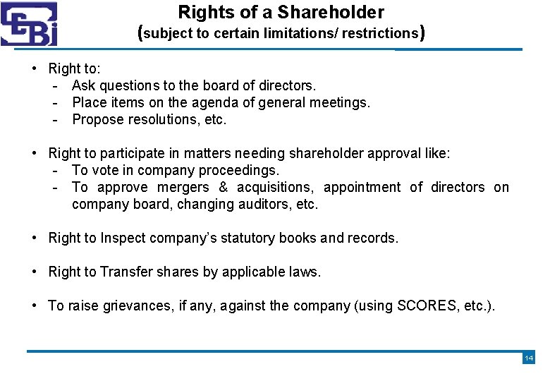 Rights of a Shareholder (subject to certain limitations/ restrictions) • Right to: - Ask