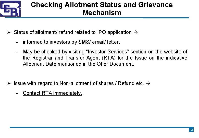 Checking Allotment Status and Grievance Mechanism Status of allotment/ refund related to IPO application