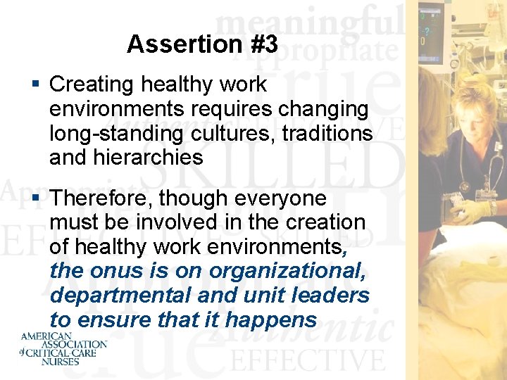 Assertion #3 § Creating healthy work environments requires changing long-standing cultures, traditions and hierarchies