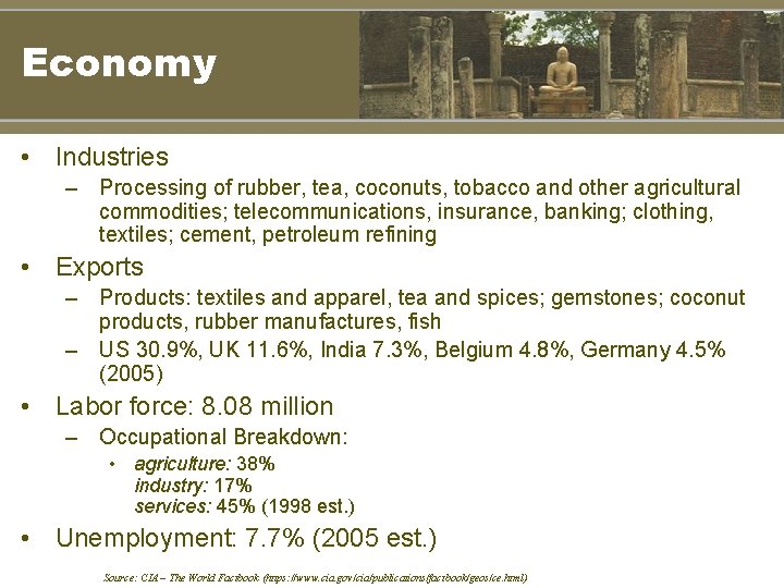 Economy • Industries – Processing of rubber, tea, coconuts, tobacco and other agricultural commodities;