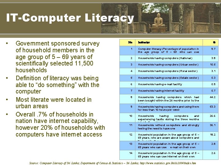 IT-Computer Literacy • • Government sponsored survey of household members in the age group