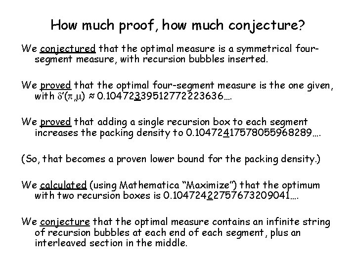How much proof, how much conjecture? We conjectured that the optimal measure is a