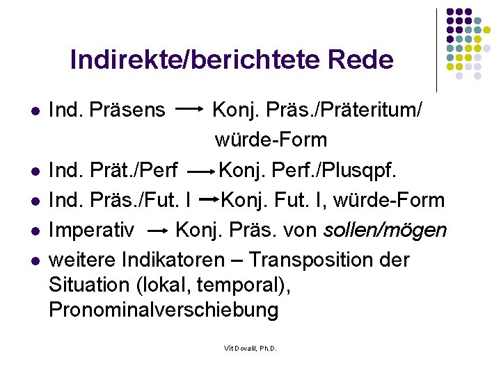 Indirekte/berichtete Rede l l l Ind. Präsens Konj. Präs. /Präteritum/ würde-Form Ind. Prät. /Perf