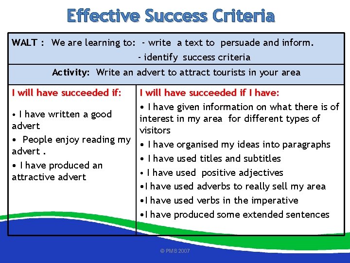 Effective Success Criteria WALT : We are learning to: - write a text to