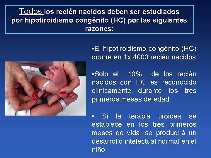 Todos los recién nacidos deben ser estudiados por hipotiroidismo congénito (HC) por las siguientes