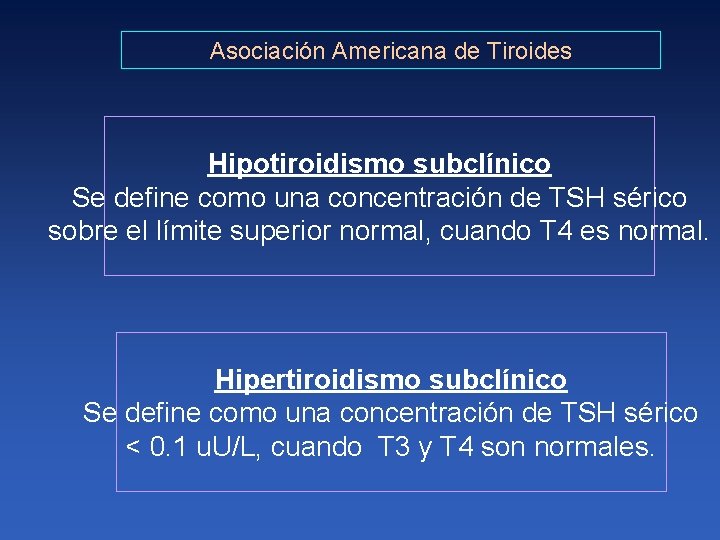 Asociación Americana de Tiroides Hipotiroidismo subclínico Se define como una concentración de TSH sérico