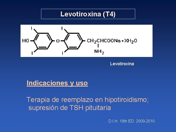 Levotiroxina (T 4) Levotiroxina Indicaciones y uso Terapia de reemplazo en hipotiroidismo; supresión de