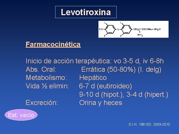 Levotiroxina Farmacocinética Inicio de acción terapéutica: vo 3 -5 d, iv 6 -8 h