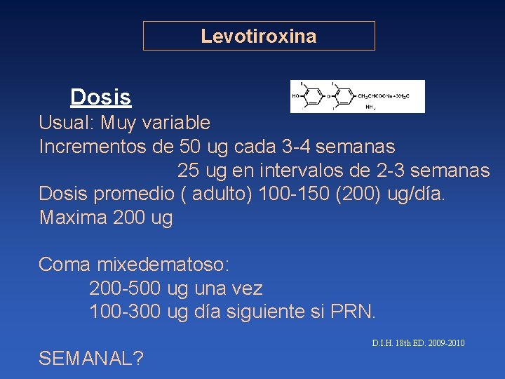 Levotiroxina Dosis Usual: Muy variable Incrementos de 50 ug cada 3 -4 semanas 25
