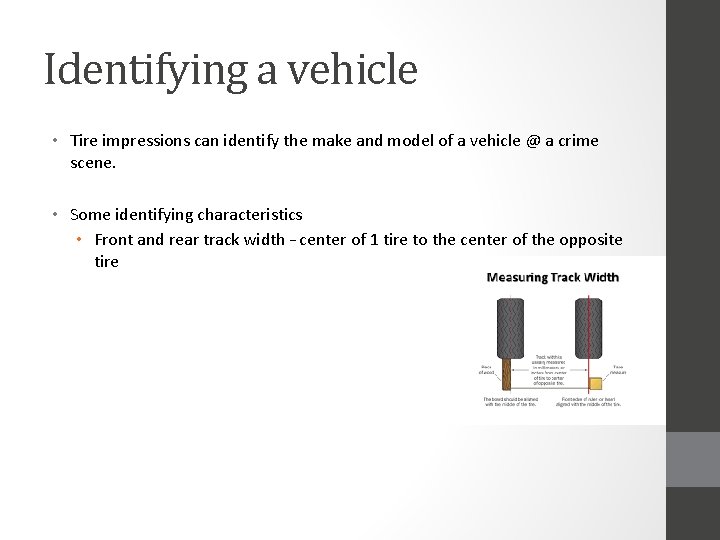 Identifying a vehicle • Tire impressions can identify the make and model of a