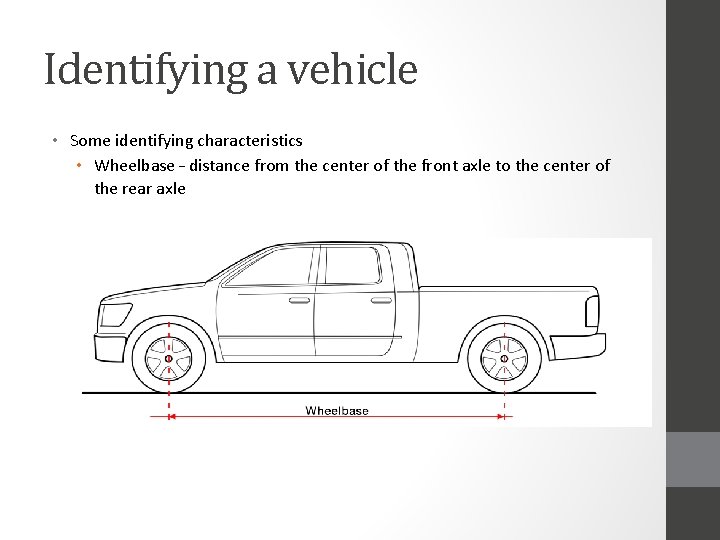 Identifying a vehicle • Some identifying characteristics • Wheelbase – distance from the center