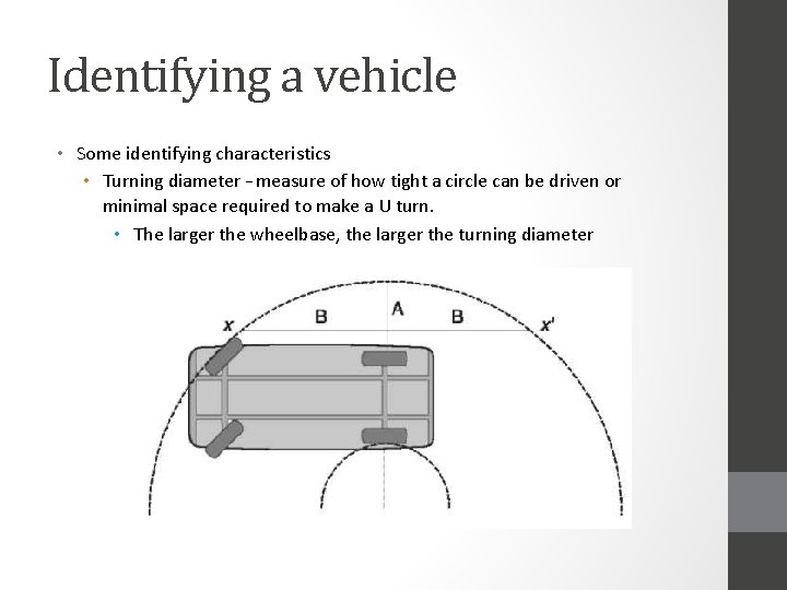 Identifying a vehicle • Some identifying characteristics • Turning diameter – measure of how