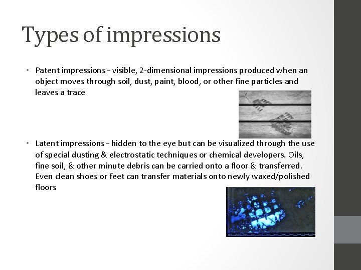 Types of impressions • Patent impressions – visible, 2 -dimensional impressions produced when an