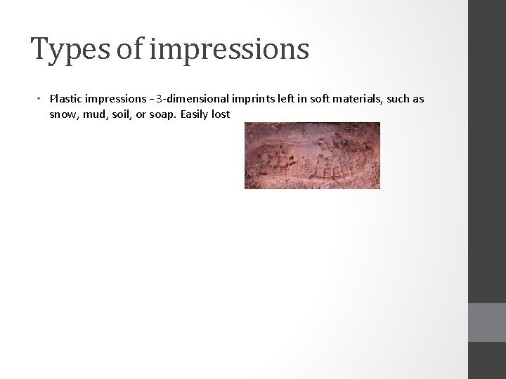 Types of impressions • Plastic impressions – 3 -dimensional imprints left in soft materials,