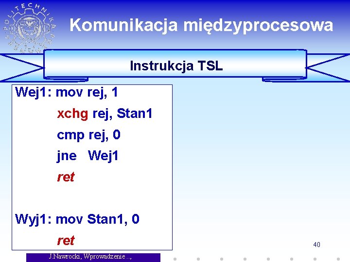 Komunikacja międzyprocesowa Instrukcja TSL Wej 1: mov rej, 1 xchg rej, Stan 1 cmp