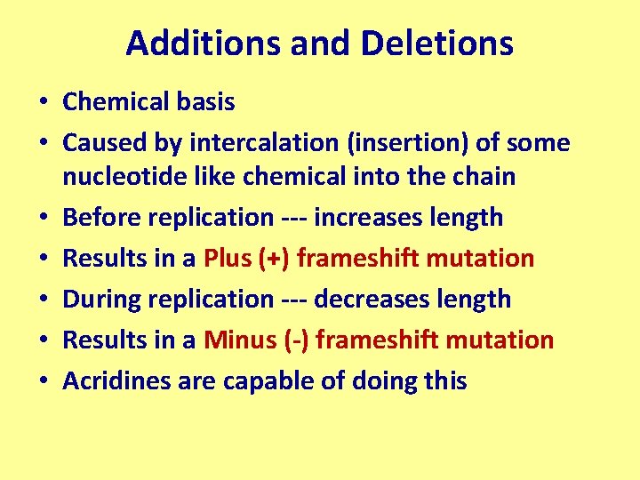 Additions and Deletions • Chemical basis • Caused by intercalation (insertion) of some nucleotide
