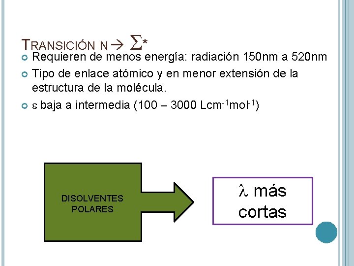 TRANSICIÓN N S* Requieren de menos energía: radiación 150 nm a 520 nm Tipo