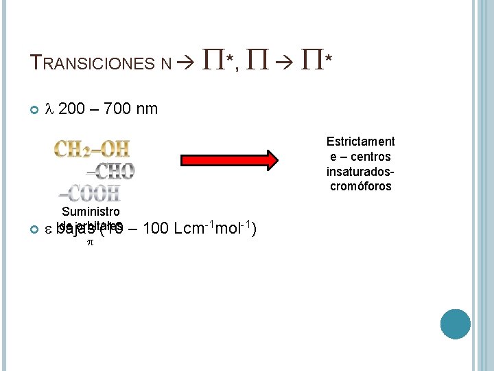 TRANSICIONES N P*, P P* l 200 – 700 nm Estrictament e – centros