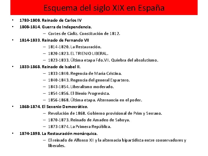 Esquema del siglo XIX en España • • • 1783 -1808. Reinado de Carlos