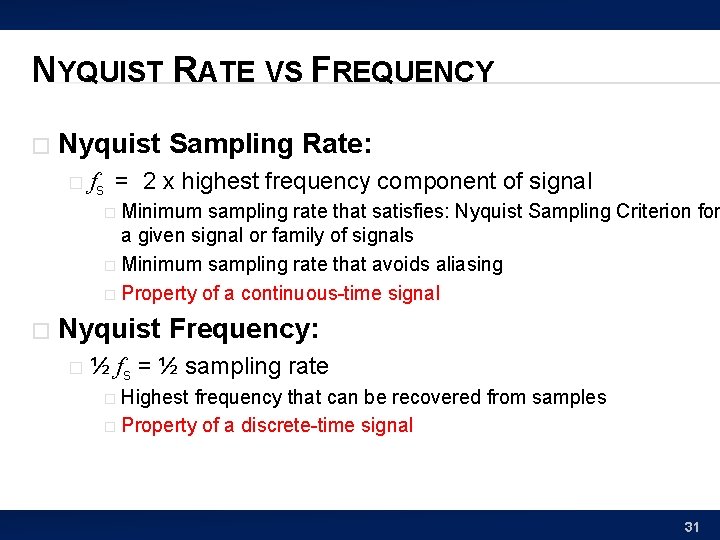 NYQUIST RATE VS FREQUENCY � Nyquist Sampling Rate: � fs = 2 x highest